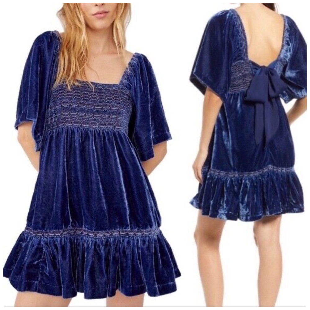 Free People Easy To Love Mini Dress Blue Velvet Embroidered Smocked Holiday NWT